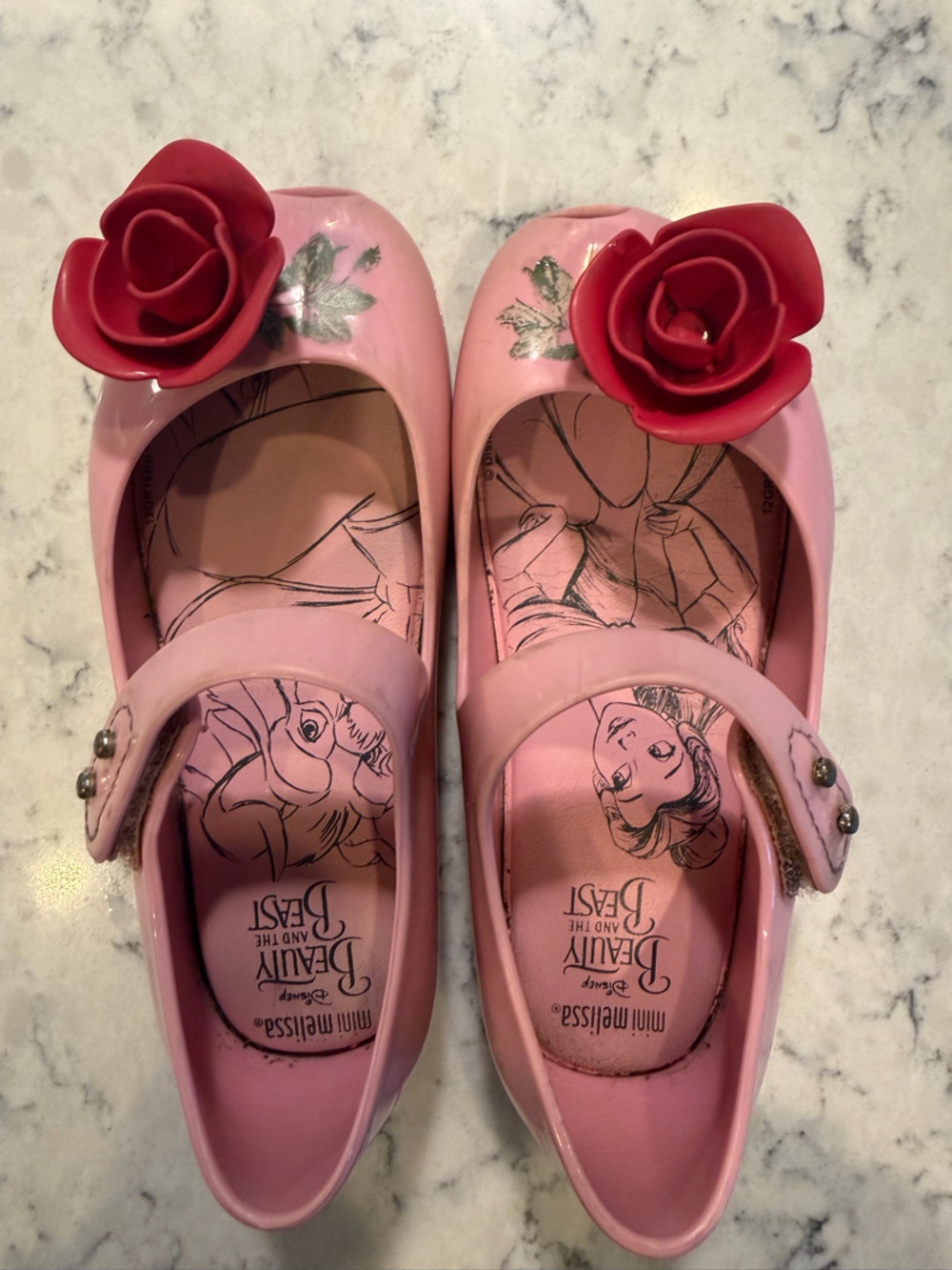 Mini Melissa Pink Mary Jane Flats with Red Rose Accent